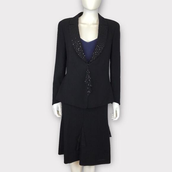 Escada Black Wool Suit Sequin & Beads Blazer & A-line Knee Length Skirt